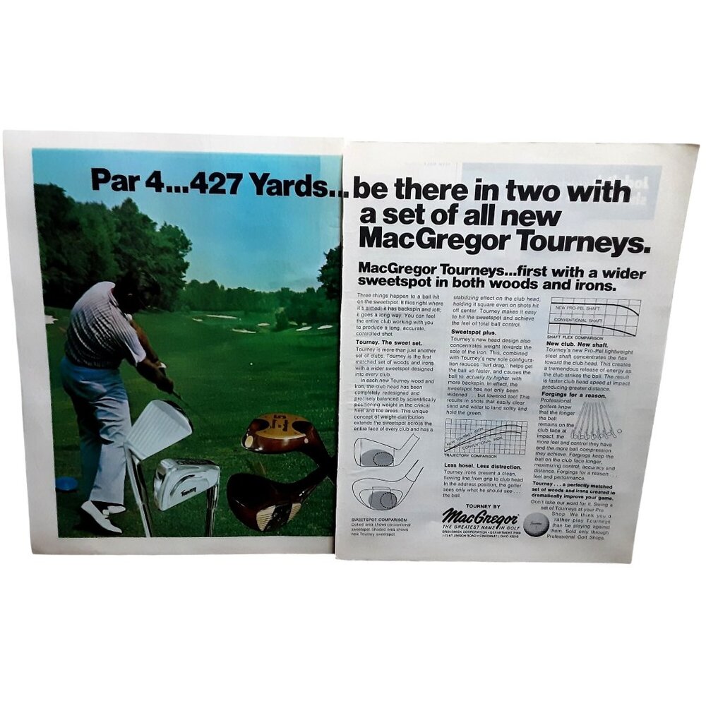 1973 MacGregor Tourney Golf Club Vintage Ad 2 Page Golf Equipment